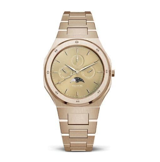 Elegant yellow gold timepiece featuring a gold dial and quartz movement with Lunar Calendar and moon phase