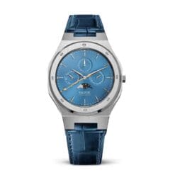 reloj de fase lunar de cuero azul plateado