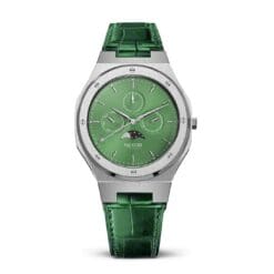 orologio con fasi lunari in pelle verde argento