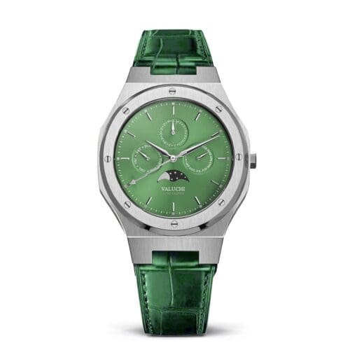 silver green leather moonphase watch