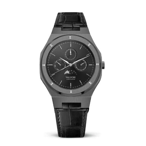 black leather automatic luxury watch