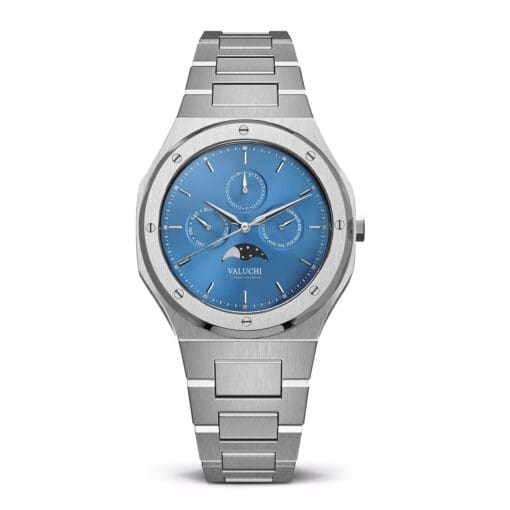 ساعة فضية زرقاء أوتوماتيكية