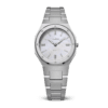 Elegant Silver Mother of Pearl Watch with a shiny dial and sleek silver case.
