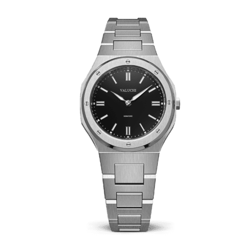 Silver womens watch with black dial