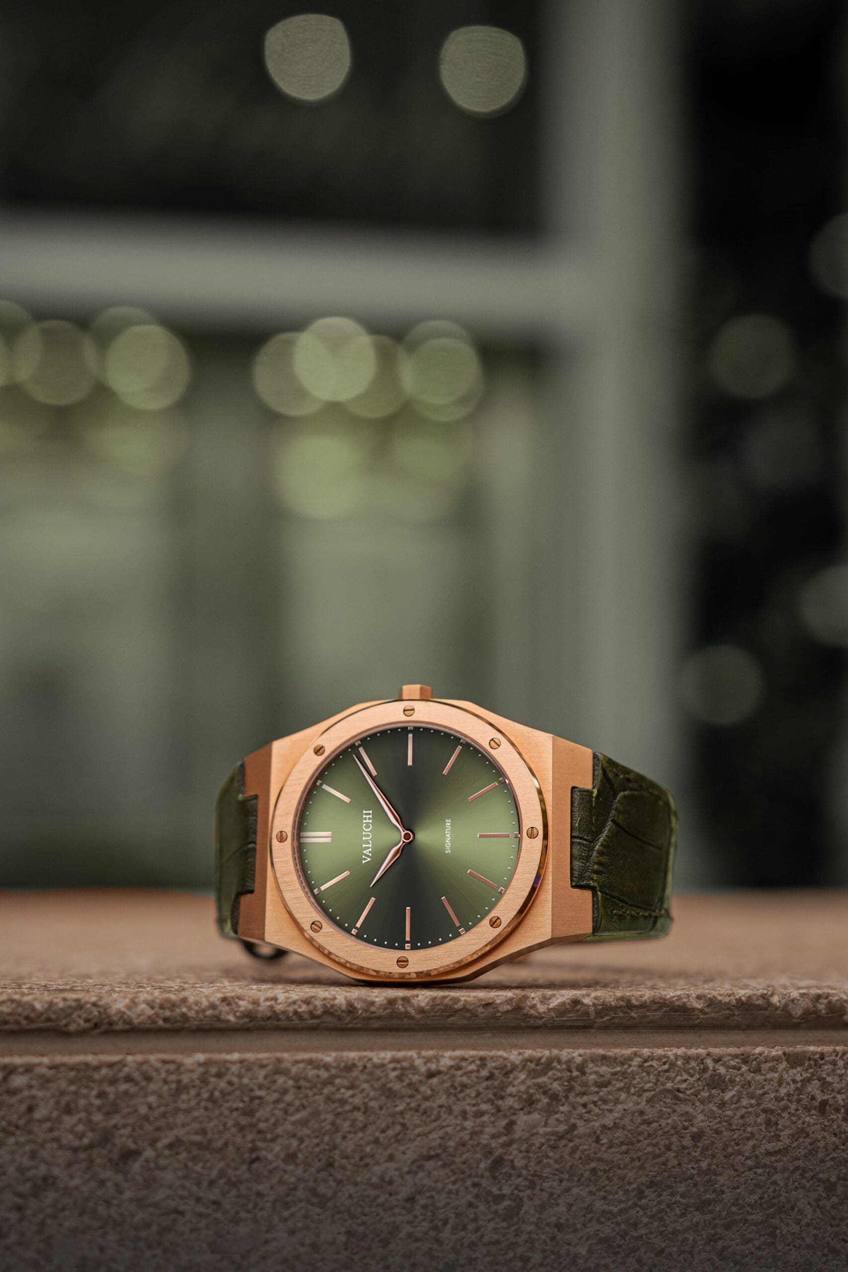 green leather 40mm rose gold watch