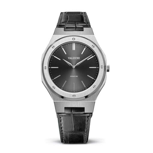 luxury silver black leather mens watch