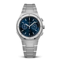 Luxury chronograph timepiece with blue dial and stainless steel strap