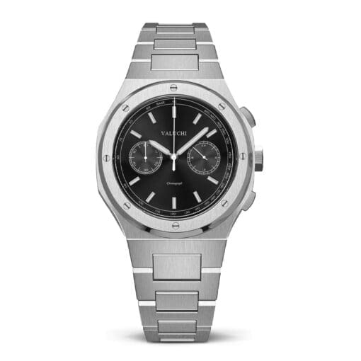 Silver chronograph watch with a bold black dial and refined design