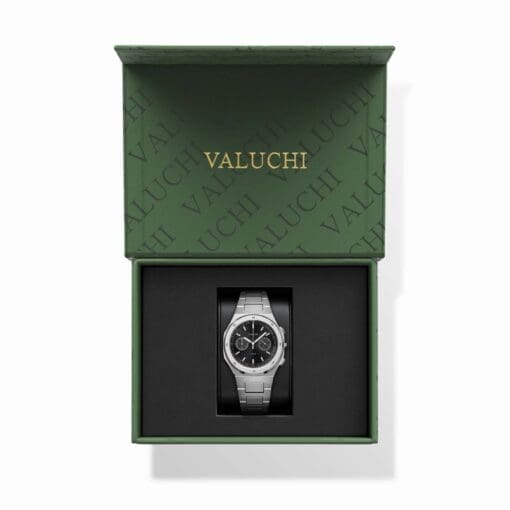 Luxury watch box featuring the Valuchi Watches logo for the chronograph collection