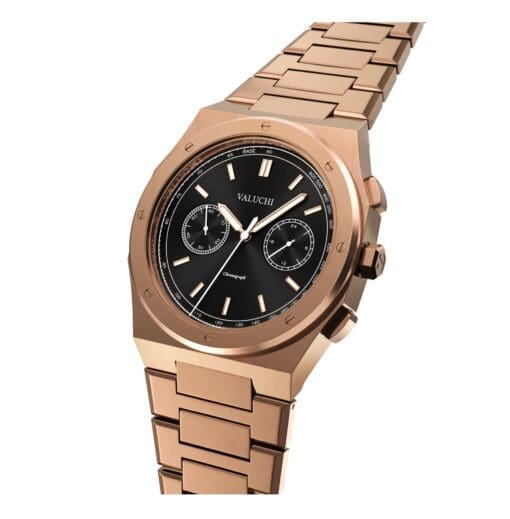 Rose gold chronograph watch featuring a bold black dial and intricate detailing
