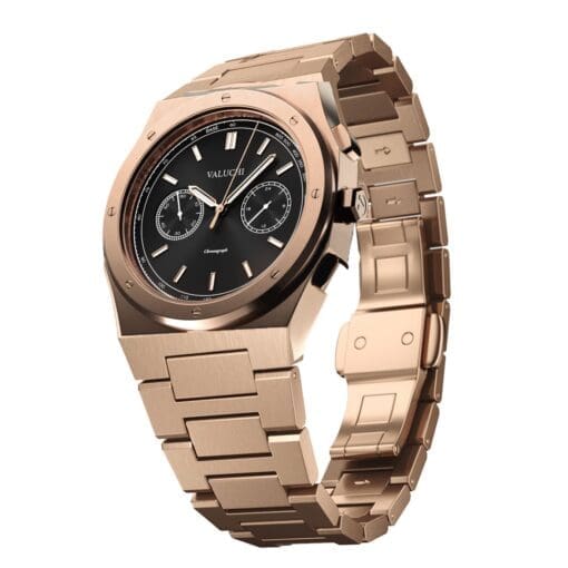Rose gold chronograph watch featuring a bold black dial