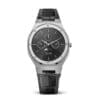 Elegant lunar calendar watch with a silver leather strap, captivating black dial, and accurate moon phase display