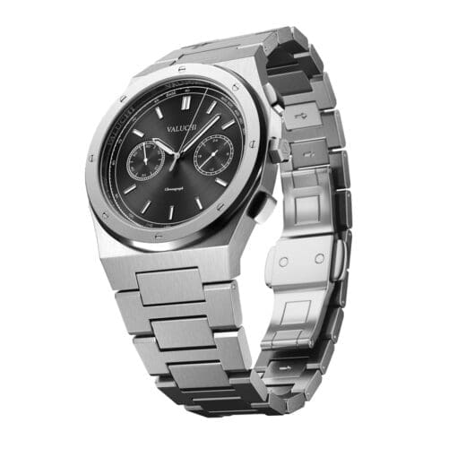 Elegant silver chronograph watch featuring a sleek black dial