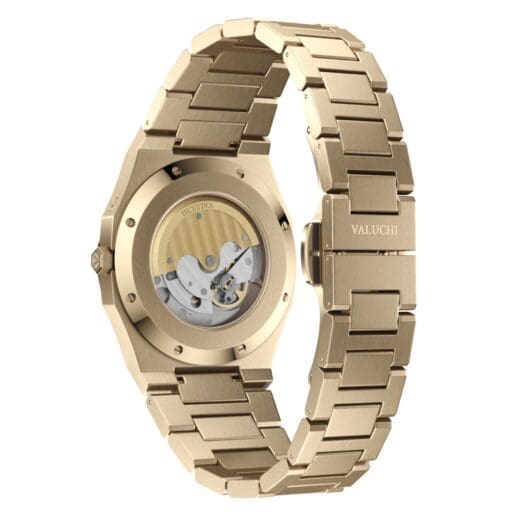 Elegant yellow gold automatic watch showcasing an open back case with a gold plated rotor