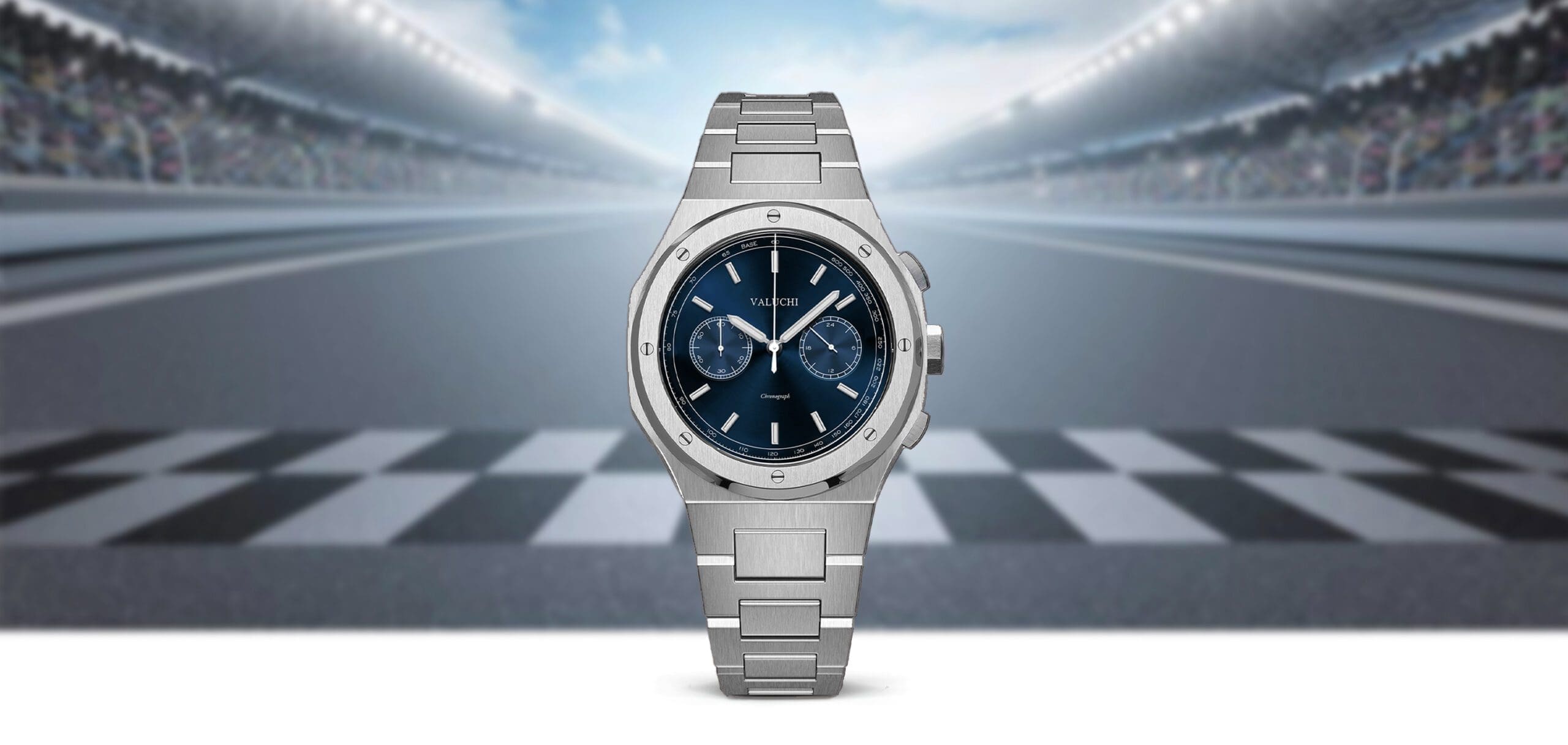 Elegant silver chronograph watch with blue accents